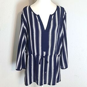 Ellen Weaver Navy Blue & White Stripe Blouse with Elastic Tie Waistband, Size 1X